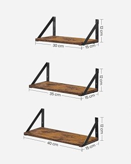 PÓŁKI ŚCIENNE WISZĄCE ZESTAW 3 SZTUK 40 x 12 cm RUSTYKALNY BRĄZ