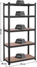 REGAŁ MAGAZYNOWY GARAŻOWY METALOWY 90x40x180 cm MAX 175 KG NA PÓŁKĘ CZARNA