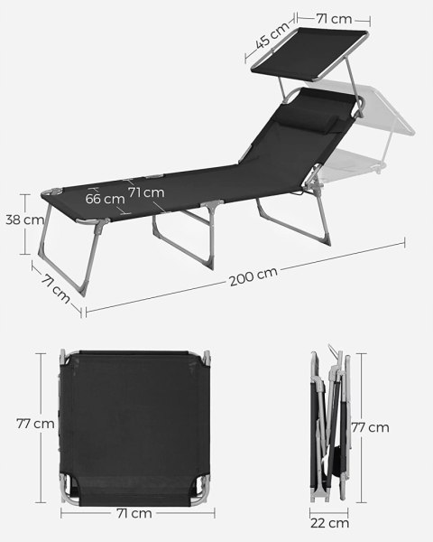 LEŻAK ROZKŁADANY CZARNY METAL DASZEK 200CM 150KG LEŻAK ROZKŁADANY CZARNY METAL DASZEK 200CM 150KG