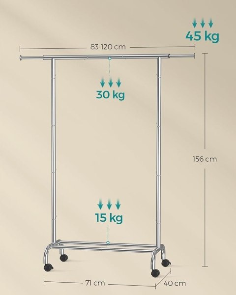 MOBILNY WIESZAK NA UBRANIA regulacja szerokości z dolną półką 156cm srebrny MOBILNY WIESZAK NA UBRANIA regulacja szerokości z dolną półką 156cm srebrny