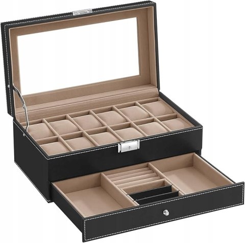 PUDEŁKO NA ZEGARKI i biżuterię Songmics 32,5 x 18,5 x 13,5 cm czarne PUDEŁKO NA ZEGARKI i biżuterię Songmics 32,5 x 18,5 x 13,5 cm czarne