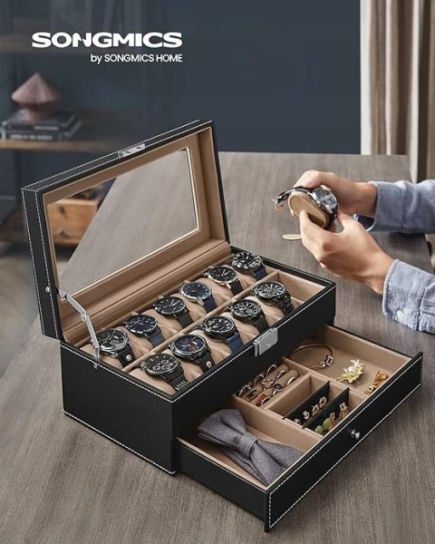 PUDEŁKO NA ZEGARKI i biżuterię Songmics 32,5 x 18,5 x 13,5 cm czarne PUDEŁKO NA ZEGARKI i biżuterię Songmics 32,5 x 18,5 x 13,5 cm czarne