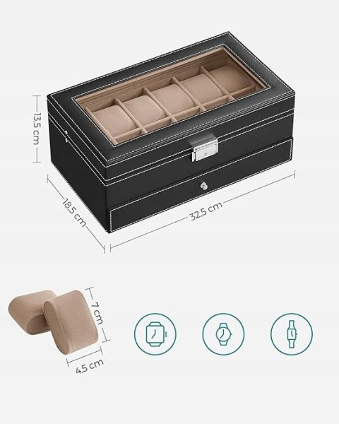 PUDEŁKO NA ZEGARKI i biżuterię Songmics 32,5 x 18,5 x 13,5 cm czarne PUDEŁKO NA ZEGARKI i biżuterię Songmics 32,5 x 18,5 x 13,5 cm czarne