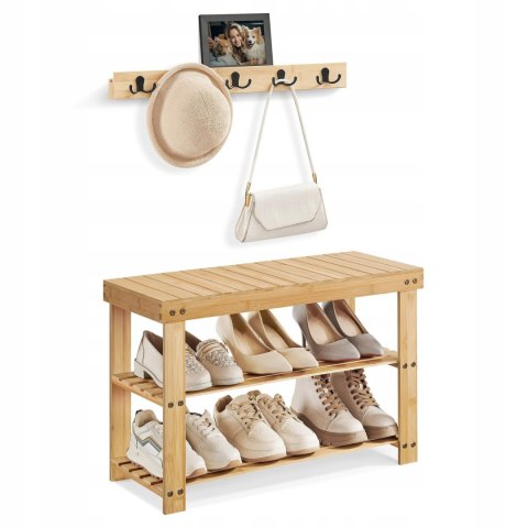 Szafka na buty z siedziskiem 70x45x29 cm bambusowy brąz i wieszak wiszący Szafka na buty z siedziskiem 70x45x29 cm bambusowy brąz i wieszak wiszący