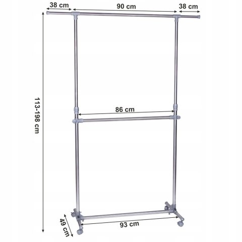Wysoki Wieszak SZARO SREBRNY na ubrania rama regulacja wysokości 198cm max Wysoki Wieszak SZARO SREBRNY na ubrania rama regulacja wysokości 198cm max