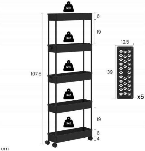 Regał Mobilny wąski wózek kuchenny z 4 poziomami 12.5 x 39 x 107.5 cm Regał Mobilny wąski wózek kuchenny z 4 poziomami 12.5 x 39 x 107.5 cm
