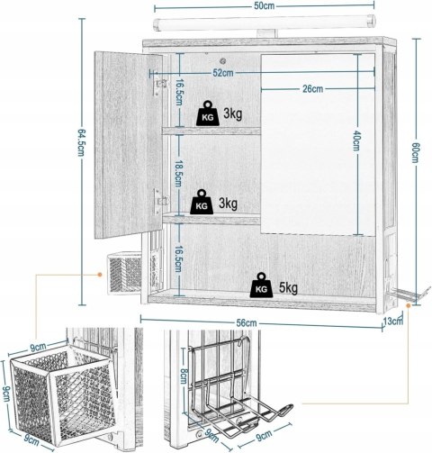 SZAFKA ŁAZIENKOWA wisząca Eugad LUSTRO OŚWIETLENIE 65 X 56 X 13 CM brąz SZAFKA ŁAZIENKOWA wisząca Eugad LUSTRO OŚWIETLENIE 65 X 56 X 13 CM brąz