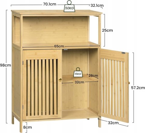 Szafka łazienkowa z bambusa stojąca komoda 70 x 98 x 32 cm jasny brąz Szafka łazienkowa z bambusa stojąca komoda 70 x 98 x 32 cm jasny brąz