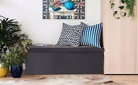 Składana Pufa Ława ze Schowkiem 110 x 37.5 x 38 cm AKSAMIT SZARA