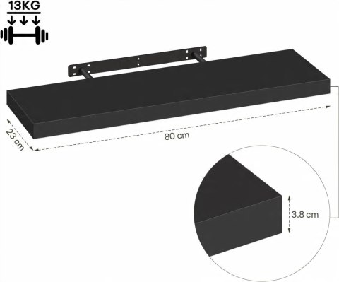 PÓŁKA WISZĄCA lewitująca płyta MDF 80 x 23 cm eSituro czarna PÓŁKA WISZĄCA lewitująca płyta MDF 80 x 23 cm eSituro czarna