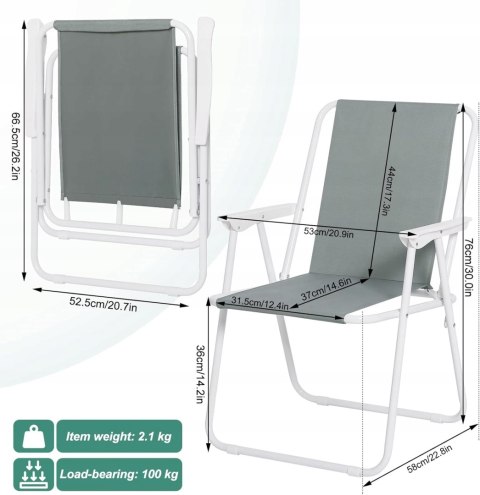 SKŁADANE KRZESŁA KEMPINGOWE ogrodowe, zestaw 2 szt., WOLTU szare