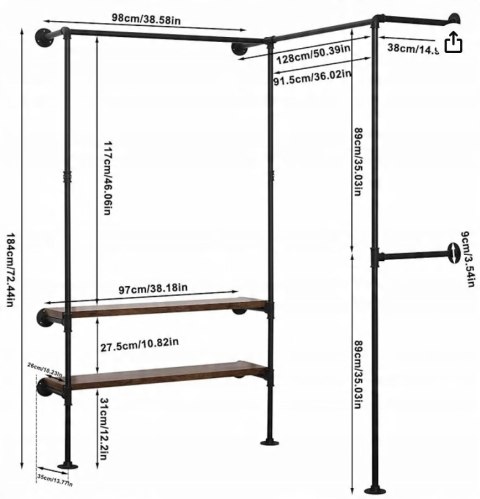 Wieszak garderoba drążek na ubrania z regałem ścienny industrialny metal