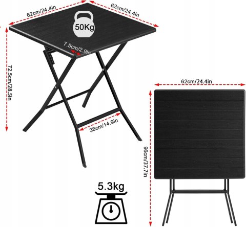 SKŁADANY STÓŁ do ogrodu, na patio, balkon, taras 62 x 62 cm eSituro czarny
