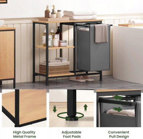 REGAŁ ŁAZIENKOWY z koszem na pranie EUGAD 70 x 65 x 30 cm czarny jasny dąb