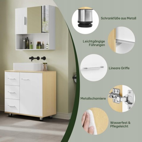 SZAFKA ŁAZIENKOWA pod umywalkę z 3 szufladami EUGAD biała, jasny dąb