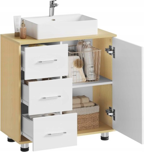 SZAFKA ŁAZIENKOWA pod umywalkę z 3 szufladami EUGAD biała, jasny dąb