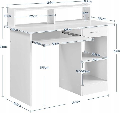 Biurko komputerowe prostokątne Yaheetech 106 x 50 x 75 cm białe z półką