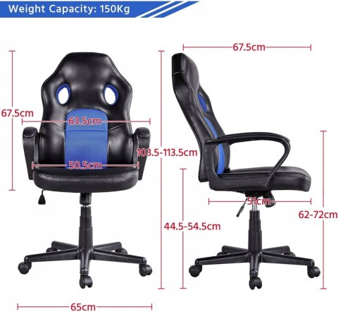 Fotel obrotowy krzesło czarno niebieski sztuczna skóra Yaheetech