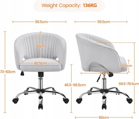 KRZESŁO BIUROWE FOTEL Yaheetech z aksamitnym obiciem jasnoszare