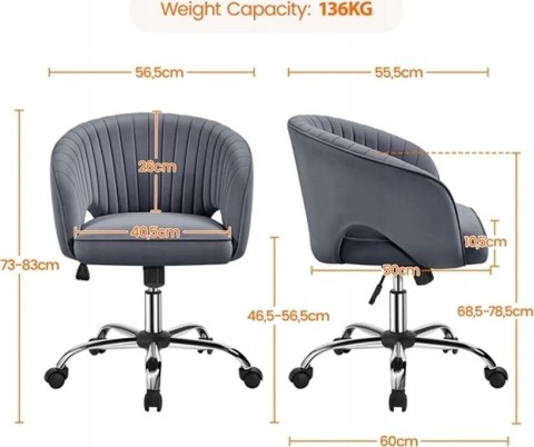 KRZESŁO BIUROWE FOTEL Yaheetech z aksamitnym obiciem szare