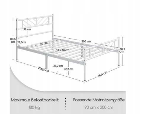 Łóżko rama metalowa Yaheetech Łóżka 90x200 biały Łóżko rama metalowa Yaheetech Łóżka 90x200 biały