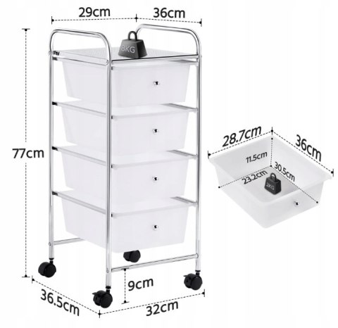 Organizer biurowy łazienkowy metal na kółkach z szufladami biały 4 szuflady