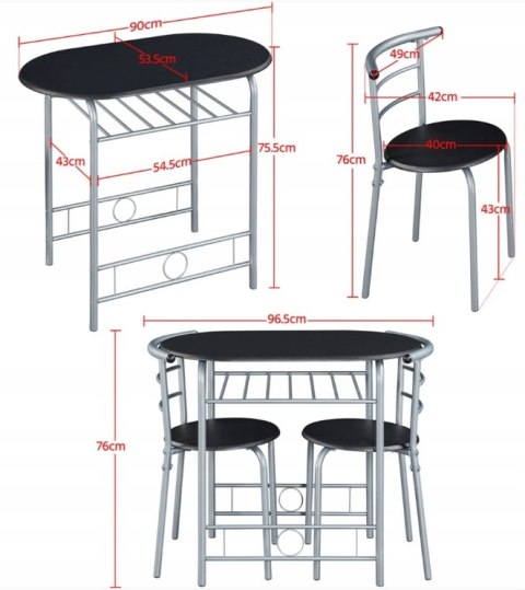 Stół Zastaw mebli do jadalni dla 2 osób z 1 stołem i 2 krzesłami czarny