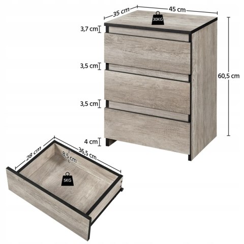 Szafka stolik nocny komoda 3 szuflady Yaheetech szary brąz 45x35x60,5 cm