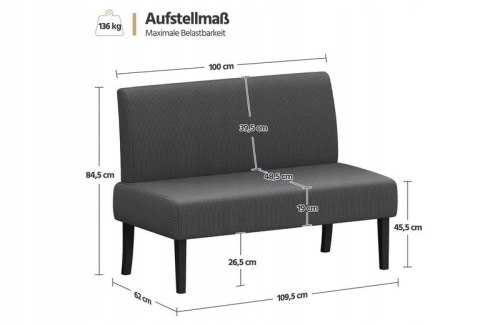Ławka sofa tapicerowana szara Yaheetech 109,5 × 62 × 84,5 cm