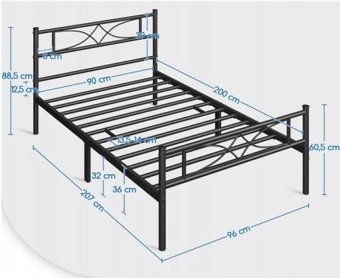 Łóżko stelaż metalowe czarne 90 x 200 cm Yaheetech z oparciem nowoczesne