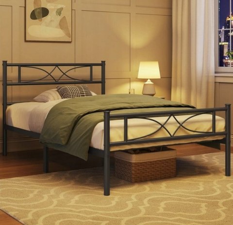 Łóżko stelaż metalowe czarne 90 x 200 cm Yaheetech z oparciem nowoczesne