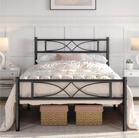 Łóżko stelaż metalowe czarne 90 x 200 cm Yaheetech z oparciem nowoczesne