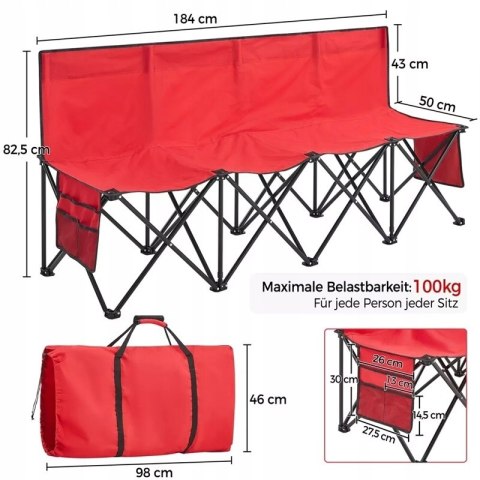 ŁAWKA KEMPINGOWA Ogrodowa Składana z oparciem metal 184 x 49 cm czerwona