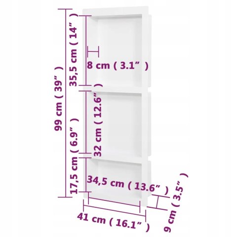 WNĘKA PRYSZNICOWA z 3 półkami biała połysk VidaXL 41x99x9 cm OUTLET