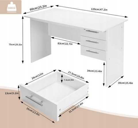 BIURKO KOMPUTEROWE z 3 szufladami prostokątne Woltu 120 x 60 x 75 cm białe
