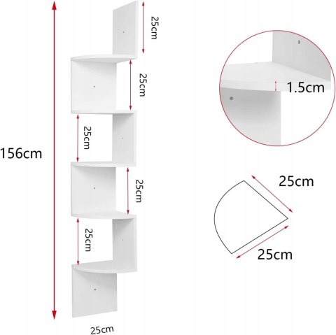 Półka płyta wisząca narożna MDF Woltu 25 x 25 x 156 cm biały