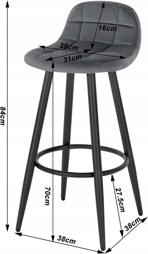 Hoker zestaw 2 sztuk krzesło barowe Woltu szare 84 cm welur pikowany