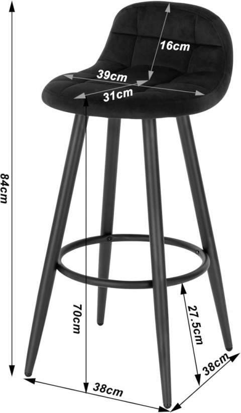 KRZESŁO BAROWE HOKER Woltu czarny 84 cm AKSAMIT PIKOWANE ZESTAW 2 SZT