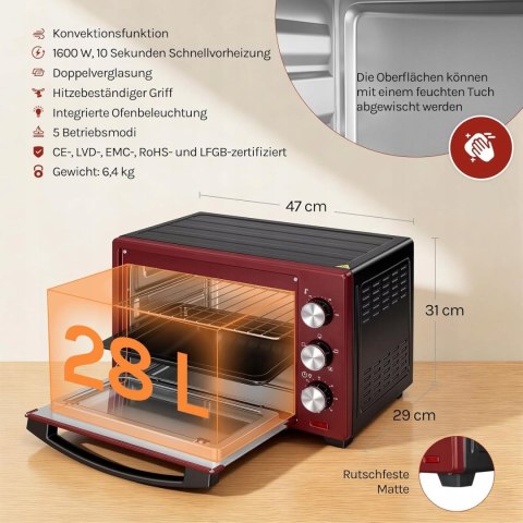 MINI PIEKARNIK WOLTU 28 l, piec do pizzy 1600 W, 100-230 °C