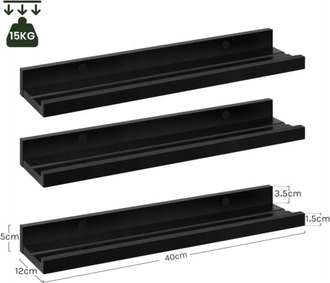 PÓŁKA WISZĄCA ŚCIENNA ZESTAW 3SZT CZARNA REGAŁ WISZĄCY 40 x 12 x 5 CM Eugad