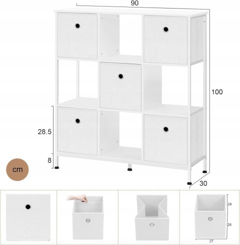 REGAŁ NA KSIĄŻKI z 4 otwartymi półkami, 5 szuflad z włókniny 90x30x100 cm