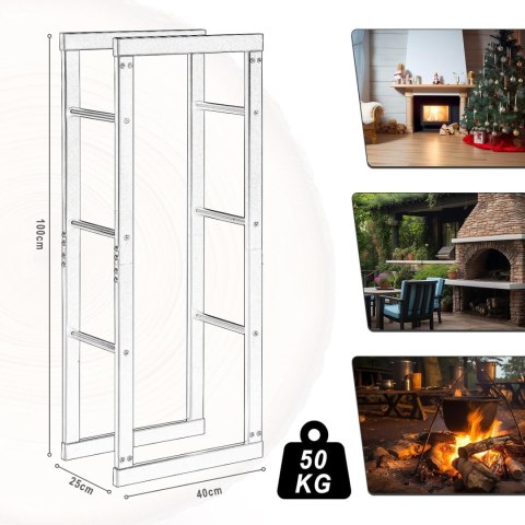 STOJAK NA DREWNO KOMINKOWE CZARNY LOFT METALOWY WYTRZYMAŁY 40 x 100 x 25 cm